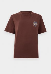 Brown cotton t-shirt with a crew neck, short sleeves, and a small embroidered logo on the chest displaying text and graphic details.