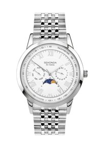 Silver stainless steel watch with a white face, Roman numerals, a moonphase indicator, and a linked metal bracelet. Water-resistant to 50 meters.