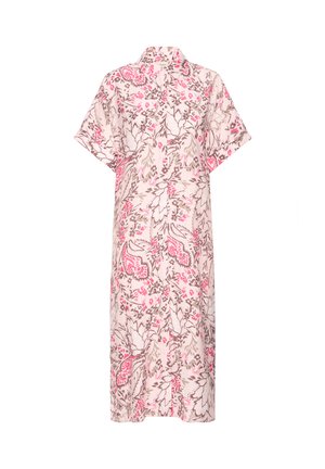 Roosa lühikeste varrukatega midi pikkusega lilleline kleit krae ja nööbitava esiosaga, millel on pruunide ja erkroosade lehtede ning lillede mustrid.