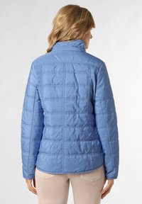 Hellblaues Steppjacke mit hohem Kragen, gestepptem Muster, langen Ärmeln und abgerundetem Saum. Glatte Textur und minimale Detailgestaltung.
