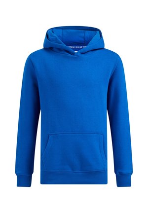 Niebieska bluza z długim rękawem, z kapturem i kangurzą kieszenią z przodu, ściągaczami na mankietach i u dołu oraz luźnym krojem.