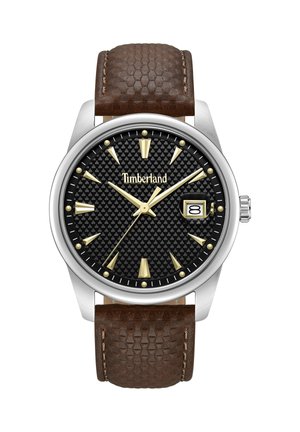 Zegarek Timberland z czarną teksturowaną tarczą, złotymi markerami i wskazówkami, okienkiem daty na godzinie 3 oraz brązowym, teksturowanym paskiem skórzanym.