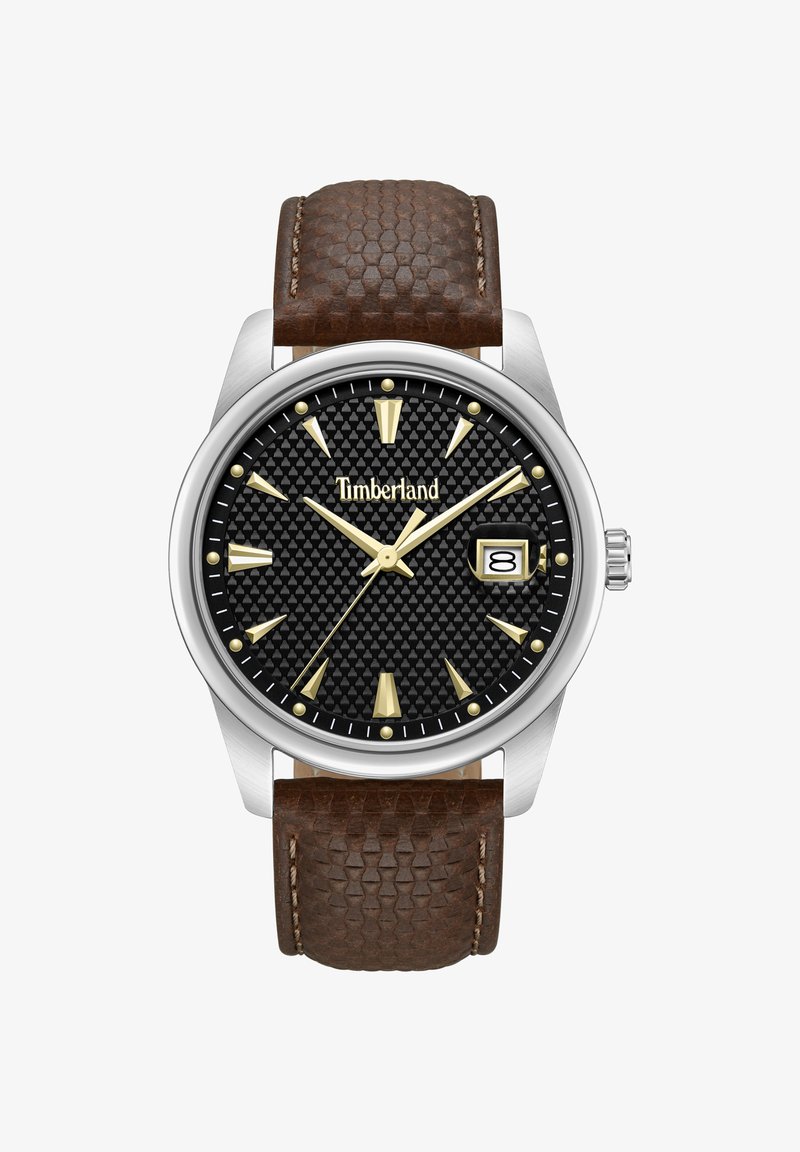 Timberland armbåndsur med sort tekstureret urskive, guldfarvede markører og visere, datovindue kl. 3 og brunt tekstureret læderrem.