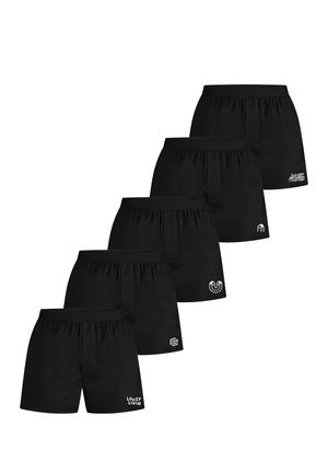 Black boxer shorts with elastic waistbands; five styles displayed, featuring varied logo designs in white on the front of each pair.