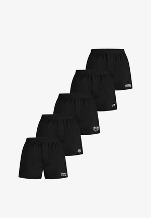 Schwarze Boxershorts mit elastischen Bund; fünf Stile gezeigt, mit verschiedenen weißen Logodesigns auf der Vorderseite jeder Hose.
