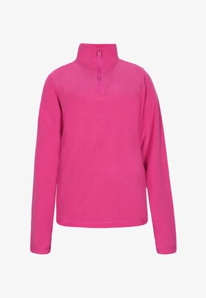 Pulover din fleece de culoare roz intens, cu guler înalt și fermoar pe un sfert. Mânici lungi cu o textură netedă, fără modele sau accente.