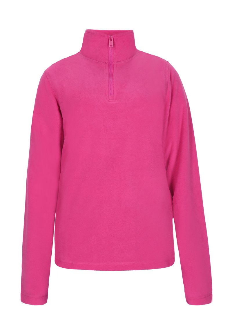 Fleece pullover in felroze, met een hoge kraag en een kwart ritssluiting. Lange mouwen met een gladde textuur, zonder patronen of accenten.