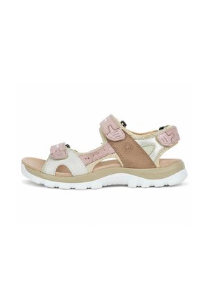 Sandalia de puntera abierta con tiras beige, blancas y rosas, cierres de velcro ajustables y una suela blanca acolchada para comodidad al aire libre.