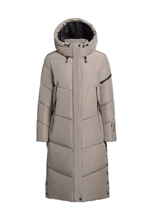 Abrigo largo acolchado en beige con cierre de cremallera, capucha con cordón, bolsillos de parche y acentos de botones en los lados. Diseño acolchado y tejido duradero.