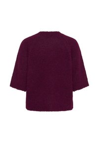 Maglione lavorato a maglia borgogna con maniche corte e vestibilità ampia. Texture morbida e dettaglio del collo a coste. La vista posteriore mette in evidenza un design semplice.
