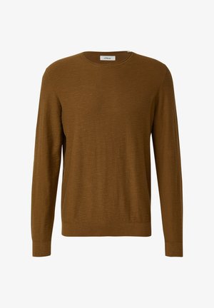 Brązowy sweter z długim rękawem wykonany z fakturowanego dzianego materiału. Posiada okrągły dekolt oraz ściągacze na mankietach i dole, które nadają dopasowany wygląd.