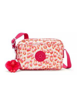Borsa a tracolla con stampa leopardo in rosa e bianco, realizzata in tessuto resistente, dotata di un portachiavi a forma di scimmia peluche e cinghia regolabile.