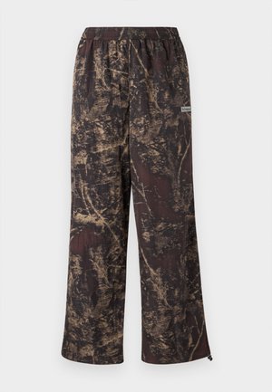 Wide-leg pants featuring a dark brown base with a gold textured pattern. Elastic waistband with a logo tag on the side.