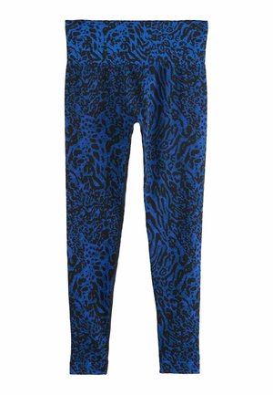 Blue leggings with a black animal print pattern, stretchy fabric, high waist, and smooth texture. Designed for comfort and flexibility.