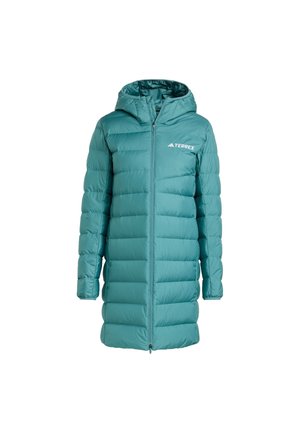 Türkisfarbener Puffer-Mantel mit Kapuze, ausgestattet mit einem Reißverschluss, elastischen Bündchen und einem vertikalen Steppmuster. Logo auf der oberen linken Seite.