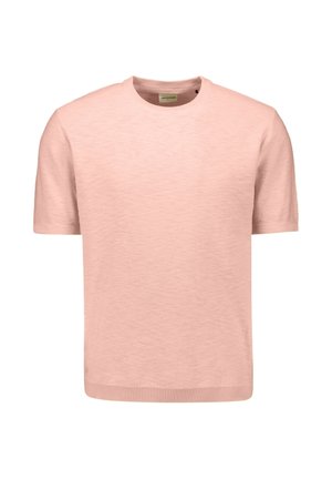 Pull rose clair à manches courtes et col rond, avec col et ourlet côtelés, présenté sur un fond blanc uni.