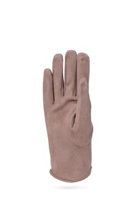 Guanto in suede marrone con quattro dita e un polsino leggermente allungato. Presenta un dettaglio di cucitura circolare sul pollice.