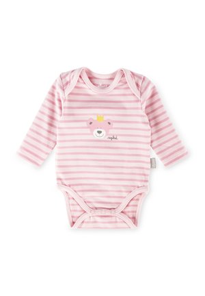 Pink striped long-sleeve baby bodysuit made from soft cotton. Features a bear illustration with a crown and snaps at the bottom for easy changing.