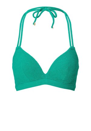 Tyrkysový bikiny vršek s trojúhelníkovým tvarem, s nastavitelnými ramínky a zavazováním na zádech. Bez dalších ozdob.