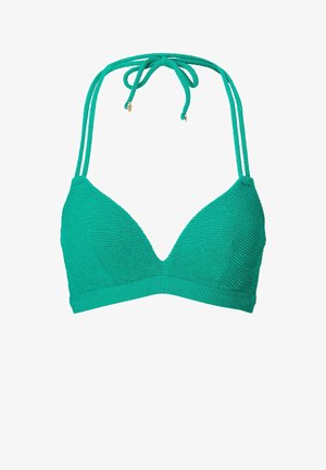 Tirkizni teksturiranim bikini top s trokutastim oblikom, koji ima podesive naramenice i vezanje na leđima. Bez dodatnih ukrasa.