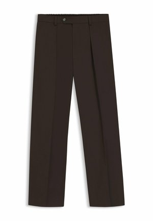 Pantalon pour homme marron foncé, ajusté, avec plis sur le devant, passants pour ceinture et fermeture à bouton sur la ceinture.