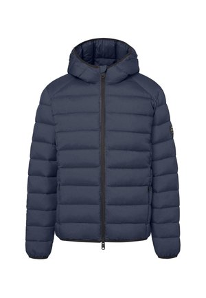 Giacca puffer blu navy con cappuccio, design a trapunta orizzontale, chiusura frontale con zip e polsini elasticizzati. Logo notevole sulla manica.