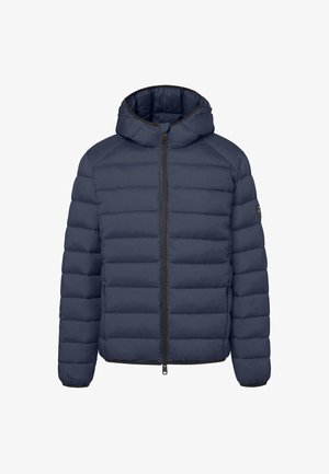 Marineblaues Daunenjacke mit Kapuze, horizontale Steppung, Frontreißverschluss und elastischen Bündchen. Auffälliges Logo am Ärmel.