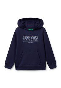 Námořnicky modrá mikina s kapucí vyroben�á z jemné bavlněné směsi, s přední kapsou typu kenguru, žebrovanými manžetami a grafikou "UNITED COLORS OF BENETTON" na hrudi.