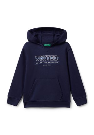 Felpa blu navy realizzata in morbido cotone misto, con tasca frontale a marsupio, polsini a coste e grafica "UNITED COLORS OF BENETTON" sul petto.