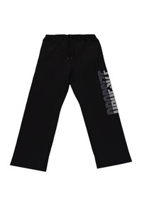 Schwarze Sweatpants mit lockerer Passform, mit einem Kordelzug an der Taille und einem großen silbernen Logotext auf der linken Seite. Weicher Stoff mit glatter Textur.