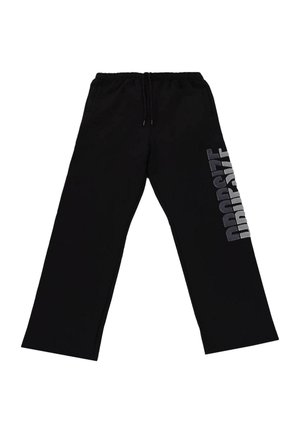 Schwarze Sweatpants mit lockerer Passform, mit einem Kordelzug an der Taille und einem großen silbernen Logotext auf der linken Seite. Weicher Stoff mit glatter Textur.