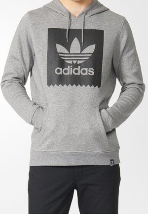 Grijze katoenen hoodie met een zwart Adidas-logo, voor kangaroozak, koordjes en ribgebreide manchetten en onderrand.