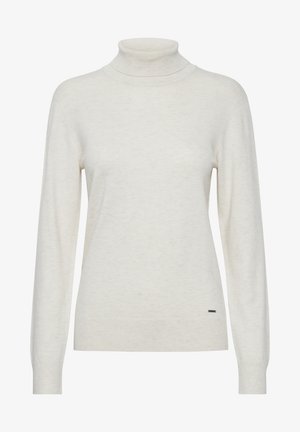 Lichtbeige coltrui gemaakt van zacht materiaal, met lange mouwen, een strakke kraag en een klein merklabel aan de zoom.