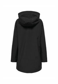 Manteau d’hiver long noir avec capuche attachée, coupe droite et manches longues, vu de dos sur fond blanc.