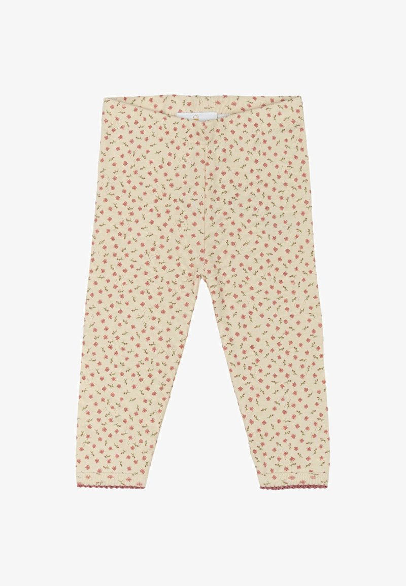 Krém színű leggings, rózsaszín és zöld virágmintával, bordázott textúrával és fodros szegéllyel a bokáknál.