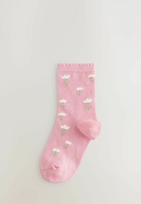 Rosa Baumwollsocke mit geripptem Bund, weißen Blumenmustern mit grünen Stielen und einer glatten Textur. Fußform und abgerundete Spitze.