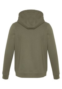 Olive green hoodie featuring a soft texture, a drawstring hood, and ribbed cuffs and hem. Minimalist design with no visible graphics.