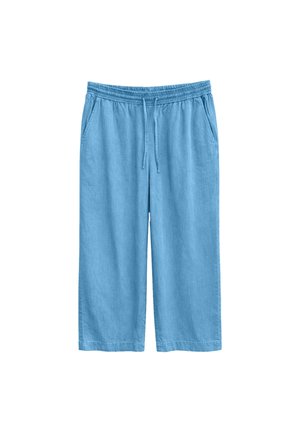 Light blue wide-leg pants with elastic waistband and drawstring, featuring side pockets, displayed on a white background.