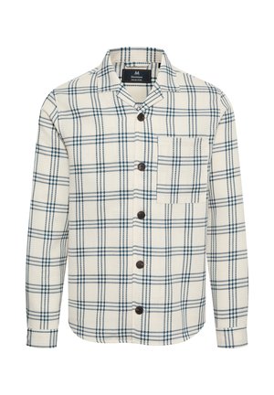 Geruite flanellen shirt in crème en blauw, met een kraag, lange mouwen, een voorzak en donkerbruine knopen. Structuurstof.