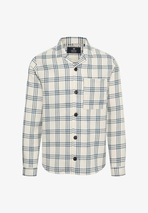 Plaid flannel shirt in cream and blue, featuring a collar, long sleeves, front pocket, and dark brown buttons. Textured fabric.