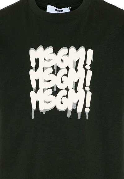 T-shirt noir à col rond avec le texte "MSGM!" en style graffiti blanc répété trois fois verticalement sur le devant, avec un effet de peinture dégoulinante.