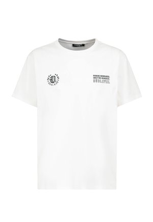 White short-sleeve t-shirt with black text "Pushing boundaries, creating memories. Sublevel" on right chest and a circular "SLVL" logo on left chest.