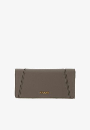 Gray leather wallet with a textured finish, featuring gold hardware and the logo "PICARD" embossed on the front. Rectangular shape, minimalist design.