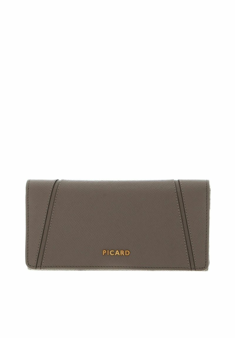 Gray leather wallet with a textured finish, featuring gold hardware and the logo "PICARD" embossed on the front. Rectangular shape, minimalist design.