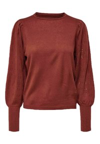 Roestkleurige trui met een ronde hals, gemaakt van gebreide stof en voorzien van tekstuurlijke pofmouwen met bloemen uitsnijdingen. Inclusief geribbelde manchetten.