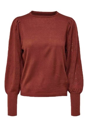 Pull de couleur rouille avec un col rond, en tissu tricoté, doté de manches bouffantes texturées avec des motifs floraux découpés. Poignets côtelés inclus.
