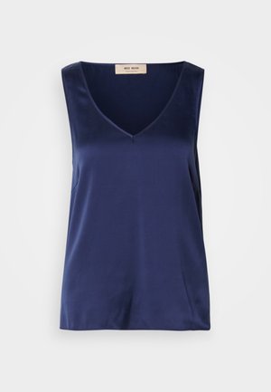Navy blue sleeveless top with a V-neck design, made of smooth fabric, featuring no patterns or accents, with a straight hemline.