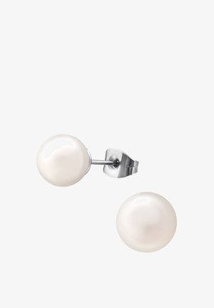 Boucles d'oreilles clous en perle, présentant des perles blanches rondes à surface lisse, montées sur des fermoirs en métal argenté pour un port sécurisé.