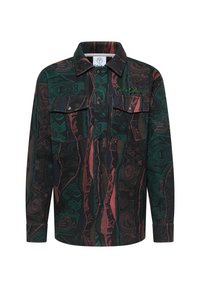 Groene en rode gestructureerde overhemdjacket met lange mouwen, twee borstzakken, knoopsluiting en een geborduurd logo aan de linkerkant.