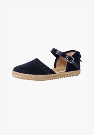 Navy blue espadrille with a soft suede upper, cutout design, ankle strap, and woven jute sole, featuring a textured surface.